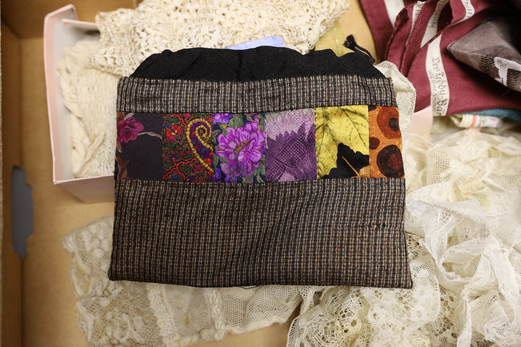 An unusual Steiff commemorative scarf, a collection of Victorian and later ribbons and a length of early 19th century fine bobbin lace, silk Maltese lace and silk mittens, etc.